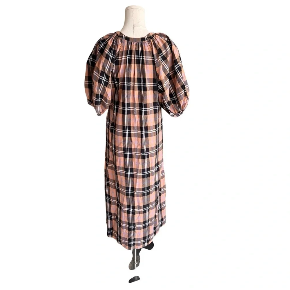 STAUD - Plaid Cotton Midi Dress Button Front Puff Sleeve Sz XS - Picture 5 of 9